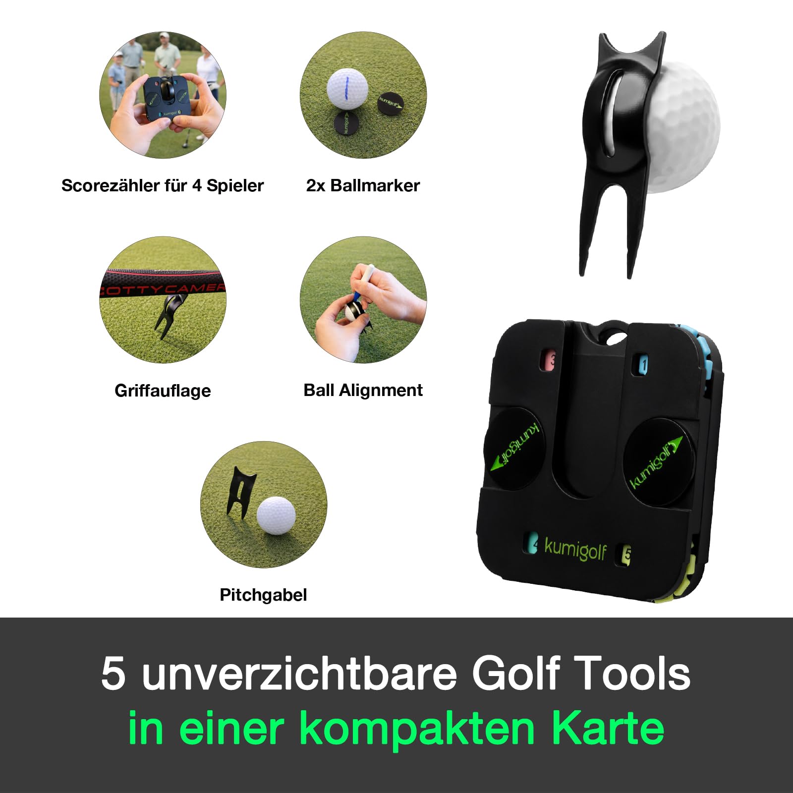 5-in-1 Golf Multitool Karte - Premium Golf Scorezähler für 4 Spieler, Golfschlag Zähler, Pitchgabel mit Ausrichtungshilfe, Magnetische Ballmarker, Griffauflage, Golf Zubehör Geschenk