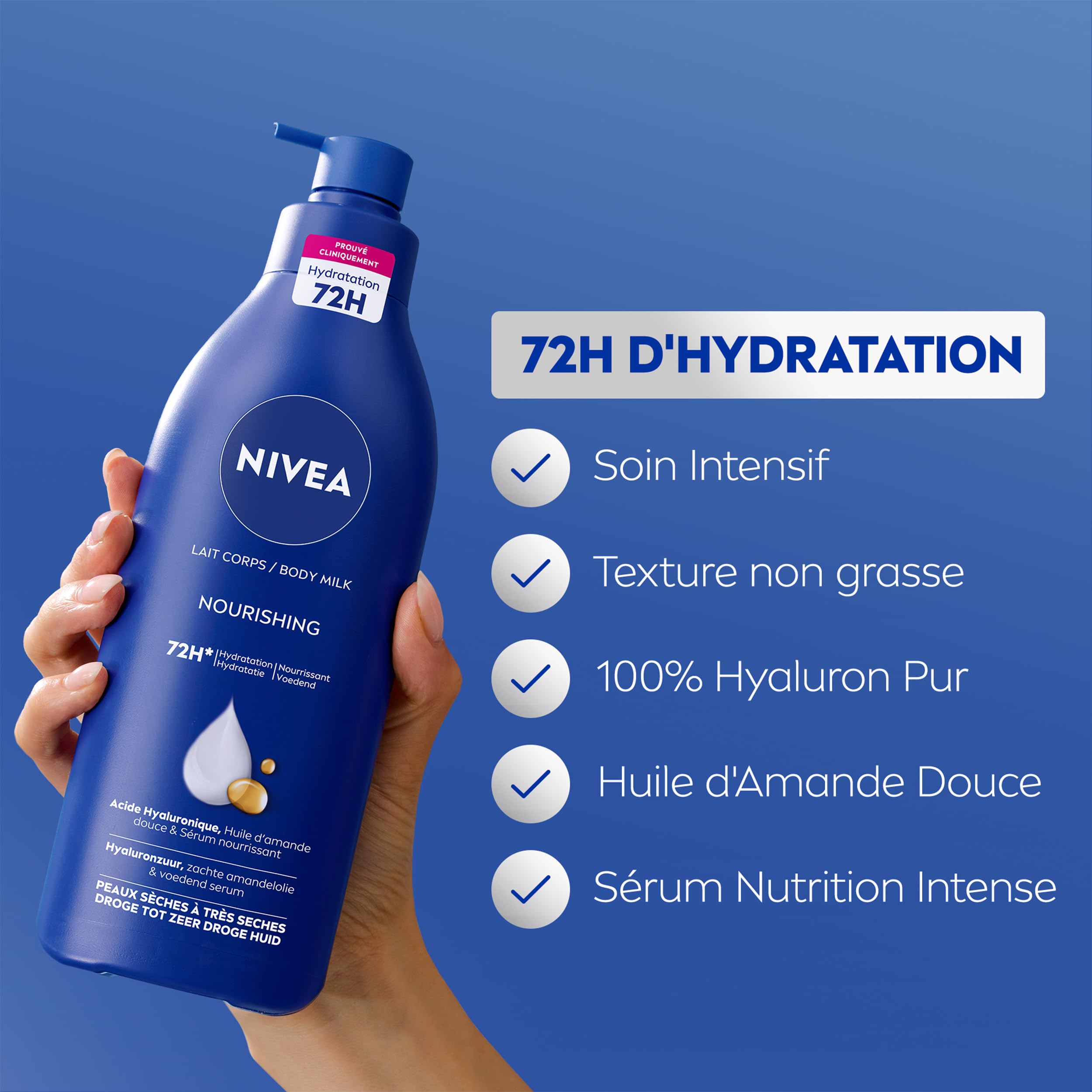 Visiter la boutique NIVEA NIVEA Lait corps Hydratation Intense 72H (1 x 625 ml) — Lait Nourrissant à l'Acide Hyaluronique pur & Huile d'Amande Douce — Crème hydratante corps pour peaux sèches à très sèches in use
