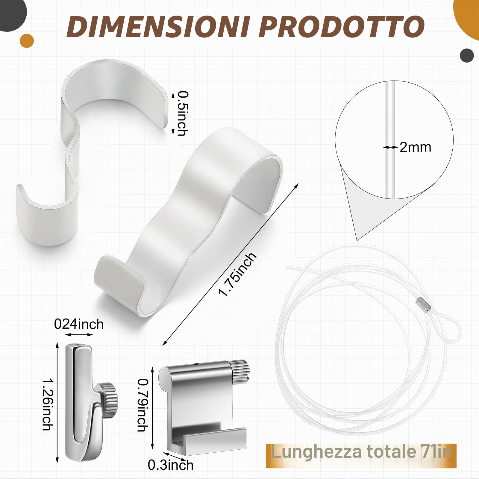 Ganci per appendere quadri, con cavo in nylon invisibile e ganci regolabili, per immagini da parete, mostre, gallerie d'arte, colore bianco (10 pezzi)