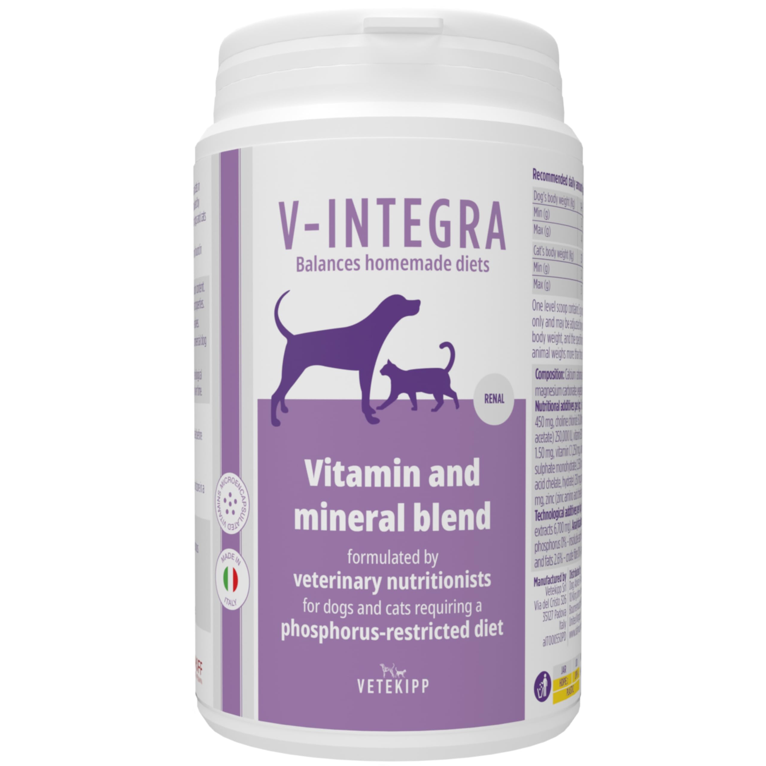 V-INTEGRA Renal 200g, Vitamin and Mineral Supplement to Balance Home-Cooked Diets for Dogs and Cats Requiring Phosphorus Restriction, Multivitamin for Dogs and Cats, Made in Italy