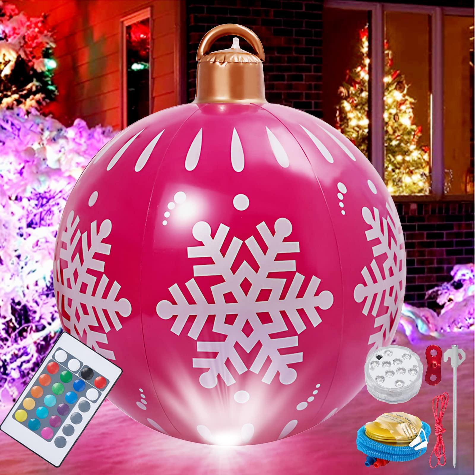 Light Up PVC Inflatable Christmas Ball 24 Inch Large Outdoor Decorated Ball with LED Light & Remote Giant Ornaments Christmas Outdoor No Battery delivery