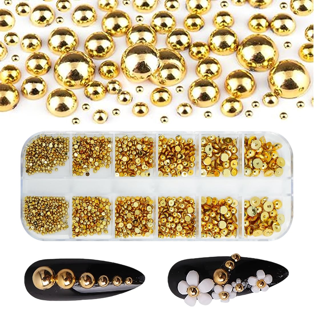 1 Boîte 3D Flatback Perle Ongle Or, Bijoux Ongles Nail Art, Strass Ongle Nail Art, Demi-Rondes Métal Perle Bijoux pour Decoration Ongle, Strass Ongles