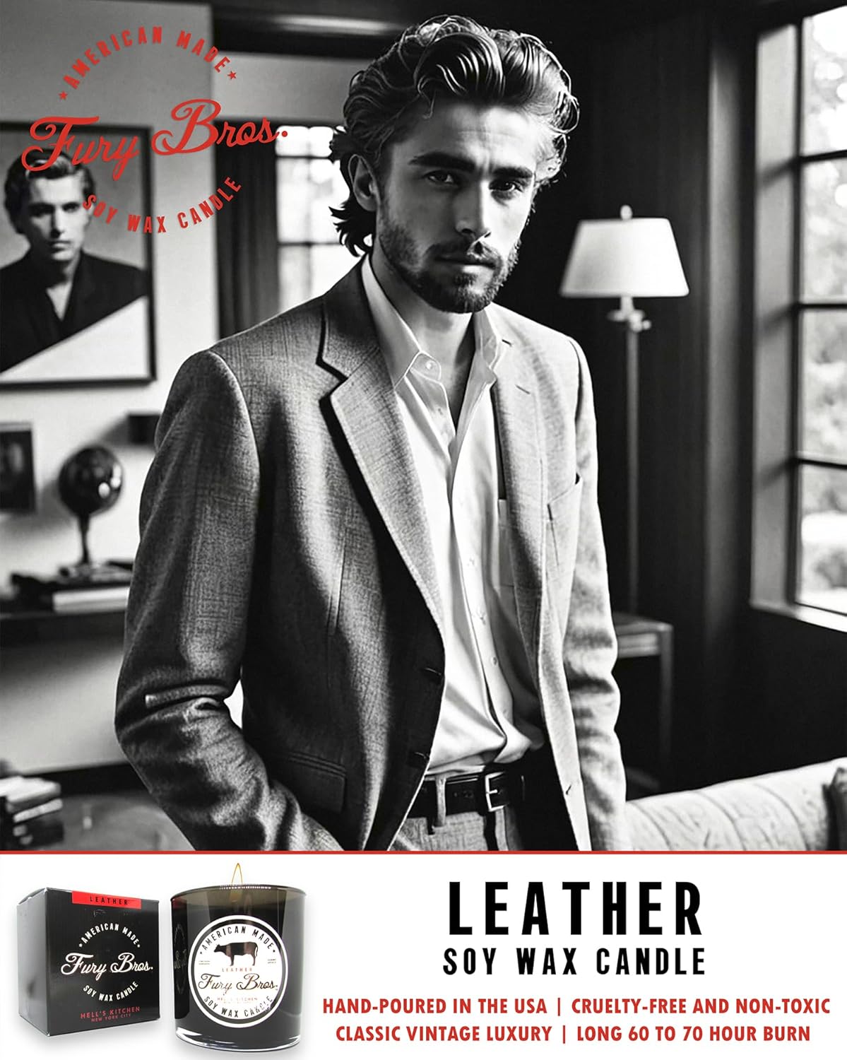 Fury Bros. Black Series Scented Candles | Leather | All-Natural Soy Wax | Hand-Poured in USA | Long 60-70 Hour Burn (9 oz) | Black Glass | Non-Toxic Vegan Friendly | Luxury Classic Vintage