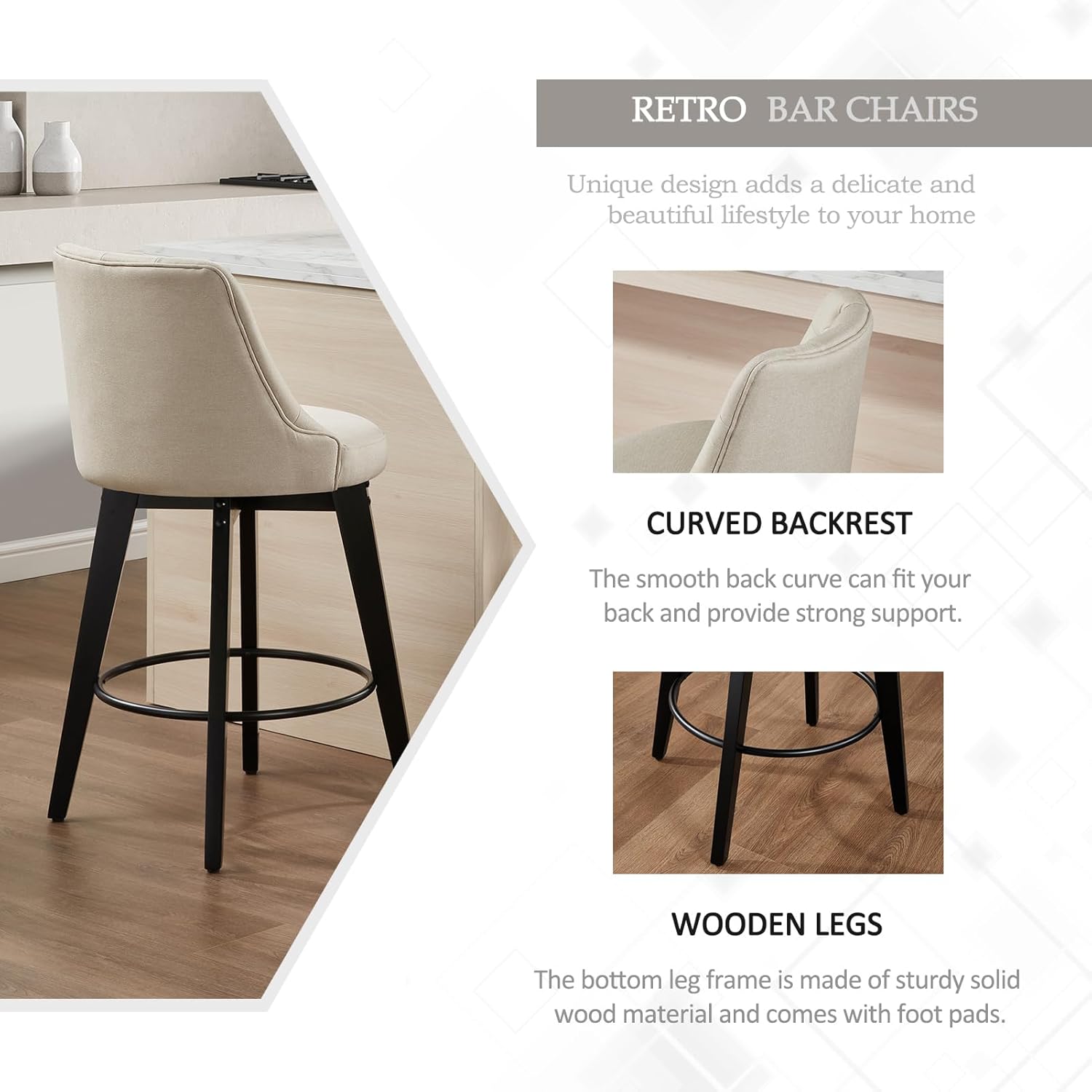 Virabit Swivel Bar Stools Set of 2, Linen Counter Height Bar Stool with Back, Upholstered Bar Stools for Kitchen Island, Dining, Cafe, Pub (Beige)