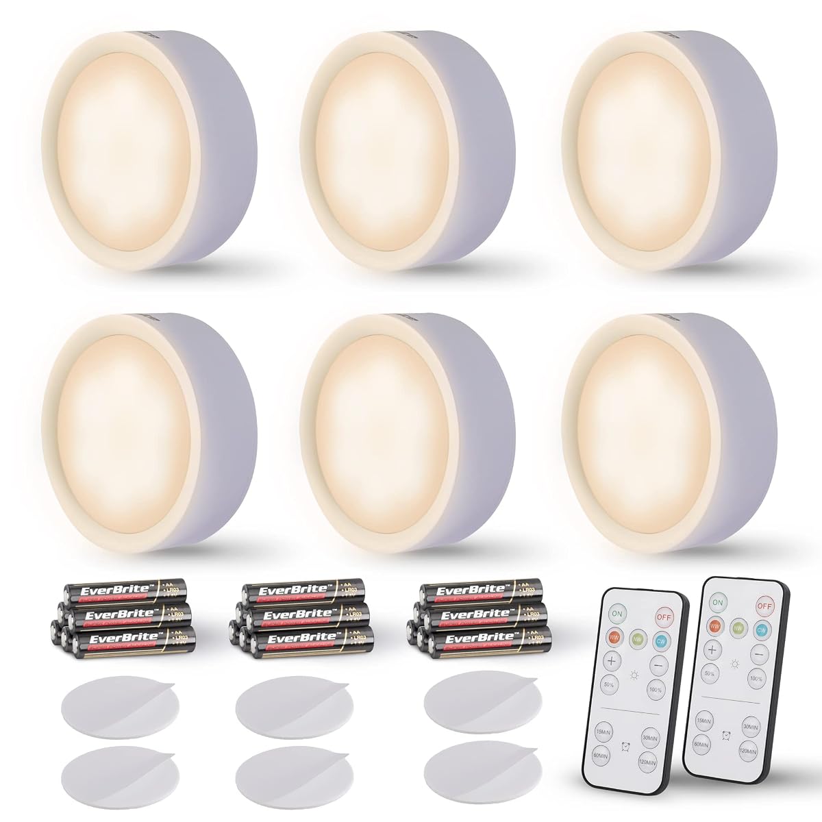 EverBrite Wireless LED Puck Lights with Remote, Dimmable, Battery Operated,