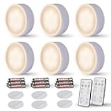 EverBrite Puck Lights with Remote, Wireless LED Battery Operated, Under Cabinet Timer, Stick on Light, Closet Light Dimmable for Closet, Bedroom, Included (6-Pack)