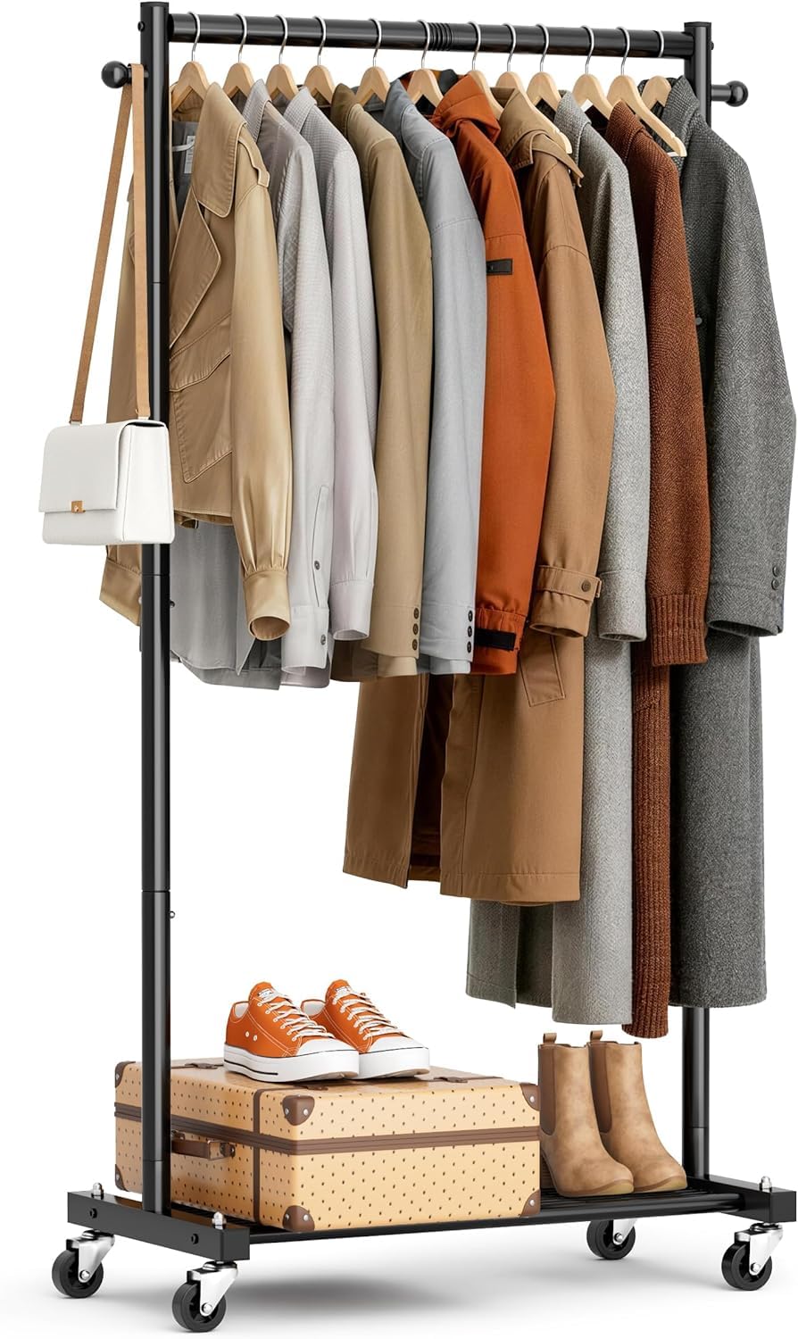 MISSLO Appendiabiti resistente piccolo Clohthig Rail 71,1 x 39,4 x 152,4 cm | 25 mm appendiabiti in metallo con ripiani per riporre oggetti arrotolabile con ruote per camera da letto, lavanderia, nero