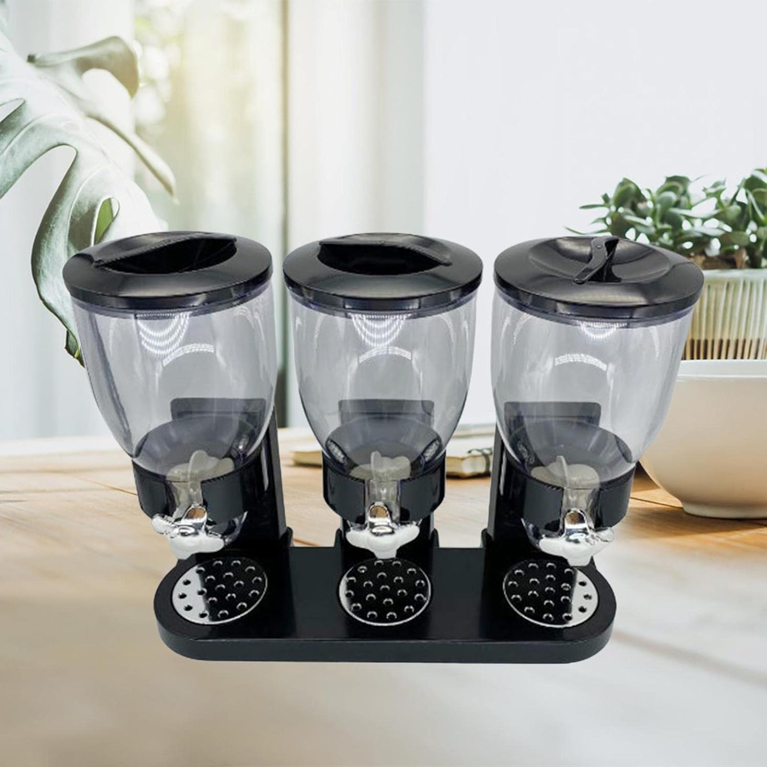 Triple Canister Cereal Dispenser Machine - Keep Your Kitchen Organized & Snacks Fresh - Premium Quality Candy Dispenser, Clear Display Bottles for Colorful - Black