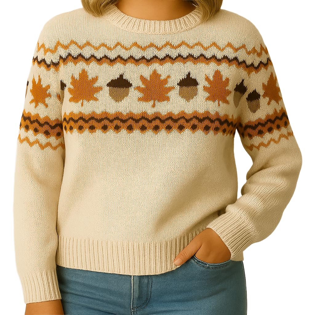 Unisex Autmn Knit Sweater with Fall Leaves and Acorns Design Soft Cozy Sweater for Autumn for Women Men