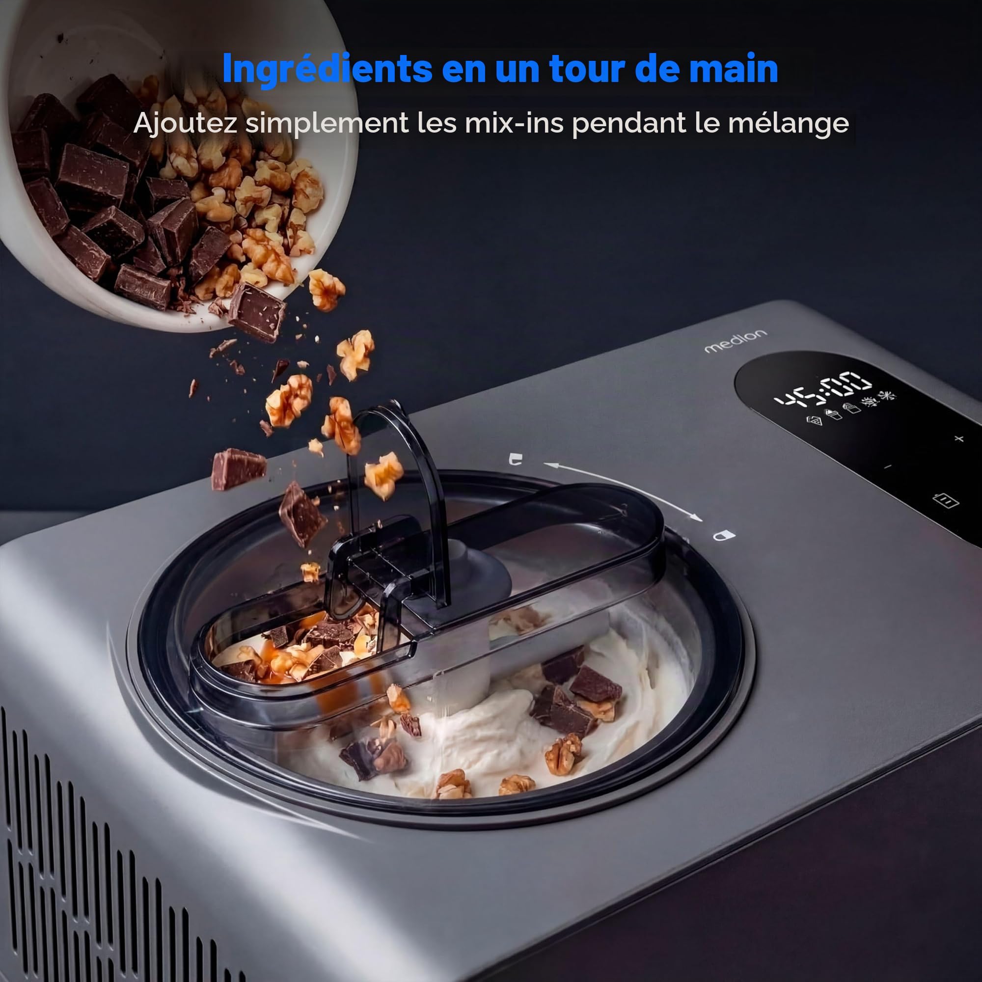 MEDION Sorbetière à compresseur, glace yaourt et granité sans prérefroidir | Écran tactile, auto-refroidissante, avec verre doseur, cuillère et spatule, MD 100087