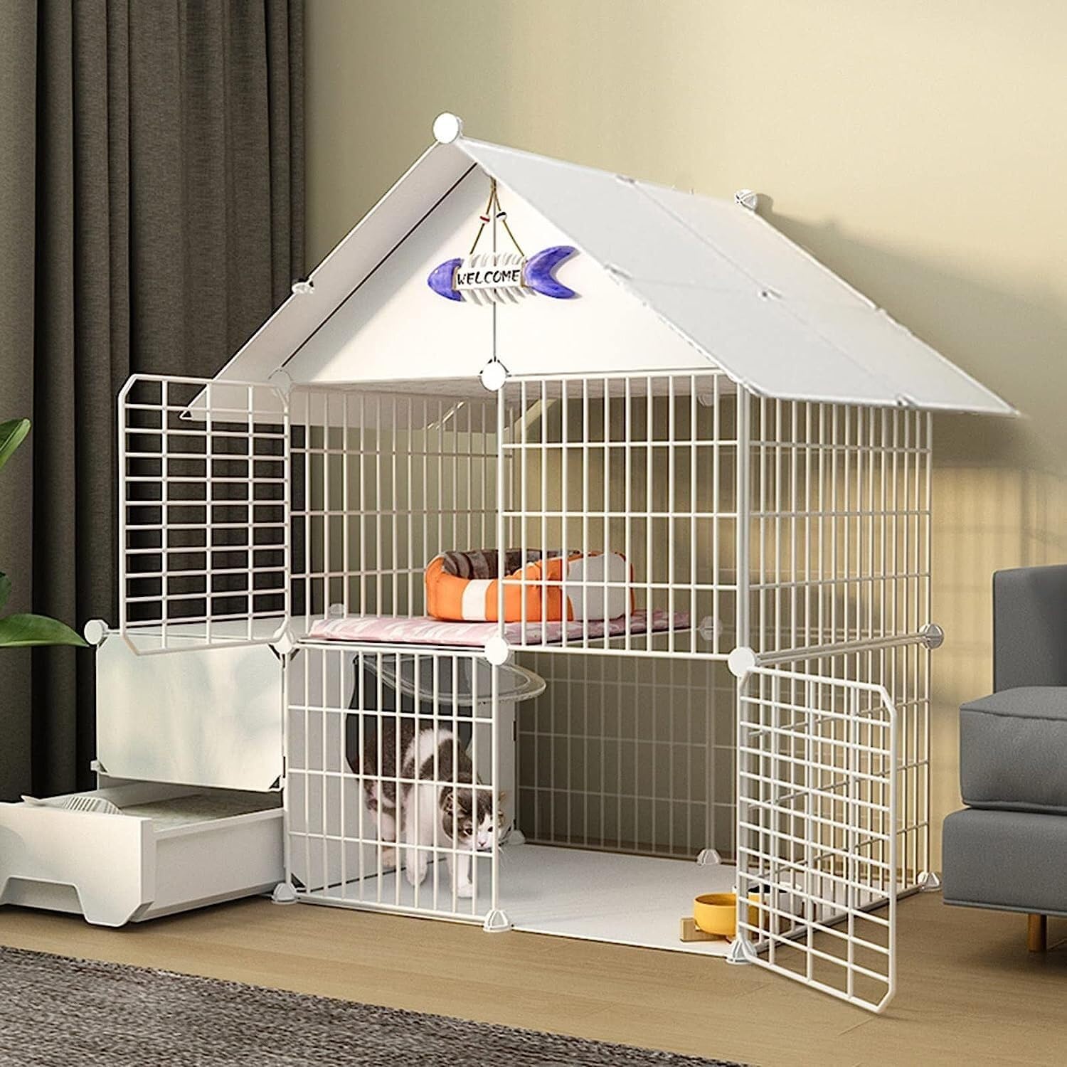 Generic Kojce dla małych zwierząt klatka dla kota z drzwiami i zamkniętą kuweta dla kota DIY kojec dla zwierząt kojec koty pudełko klatka budka składana ogrodzenie bariera podwórkowa (rozmiar: 75 * 49