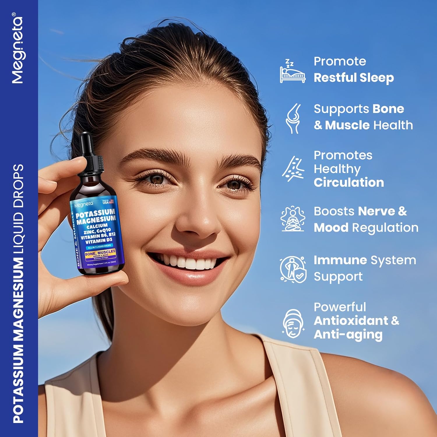 Potassium Magnesium Calcium Zinc Liquid Complex – Chelated Minerals with D3, B6, B12 & CoQ10 for Superior Absorption, Heart, Bone, Muscle, Sleep & Anti-Aging Support, 2 Fl Oz(60ml)