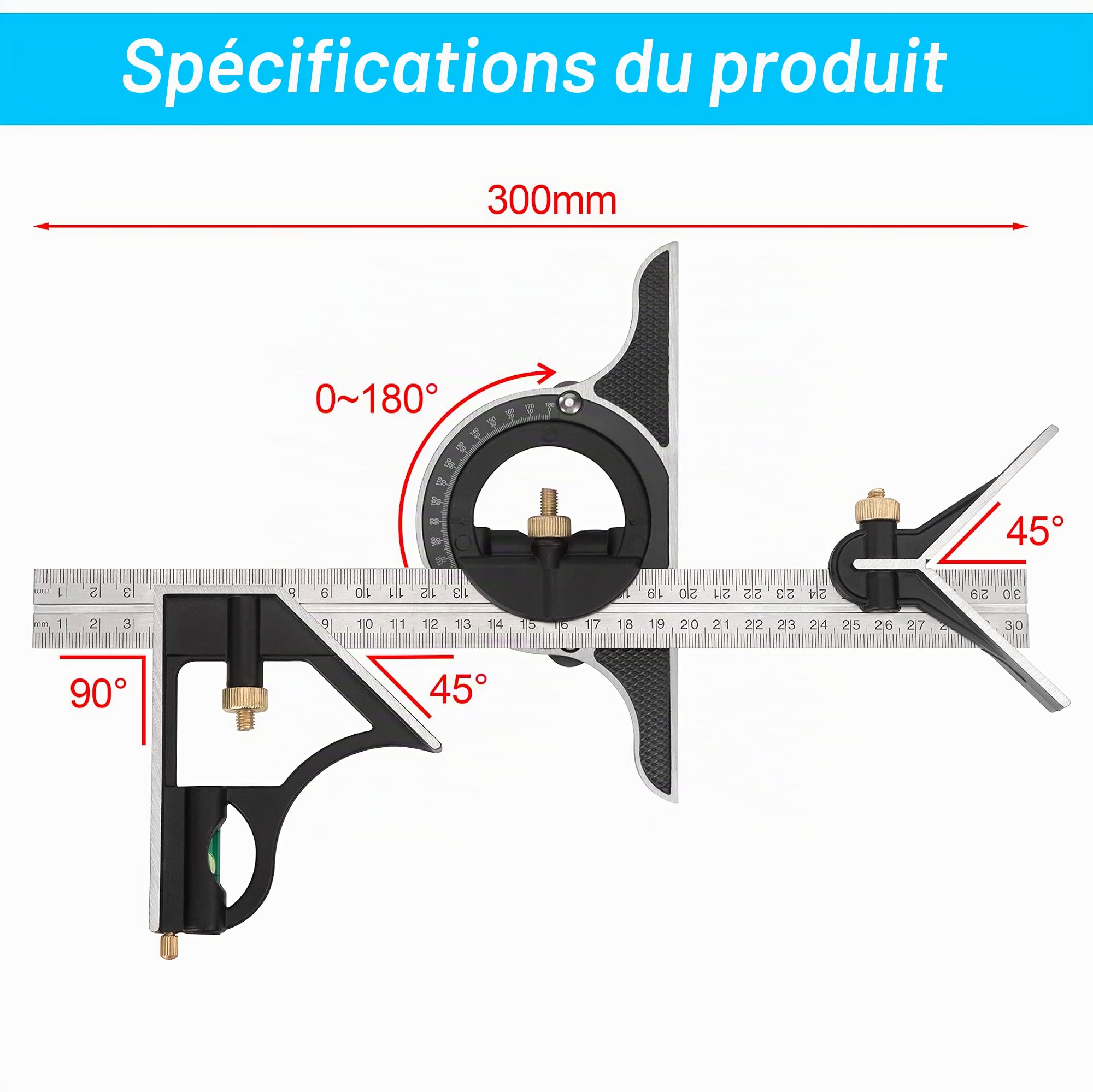 Équerre Combinée en Métal Règle de Menuiserie Multifonction Règle d'angle de Combinaison avec Rapporteur d'Angle à Niveau à Nulle Tête Droite 300 mm