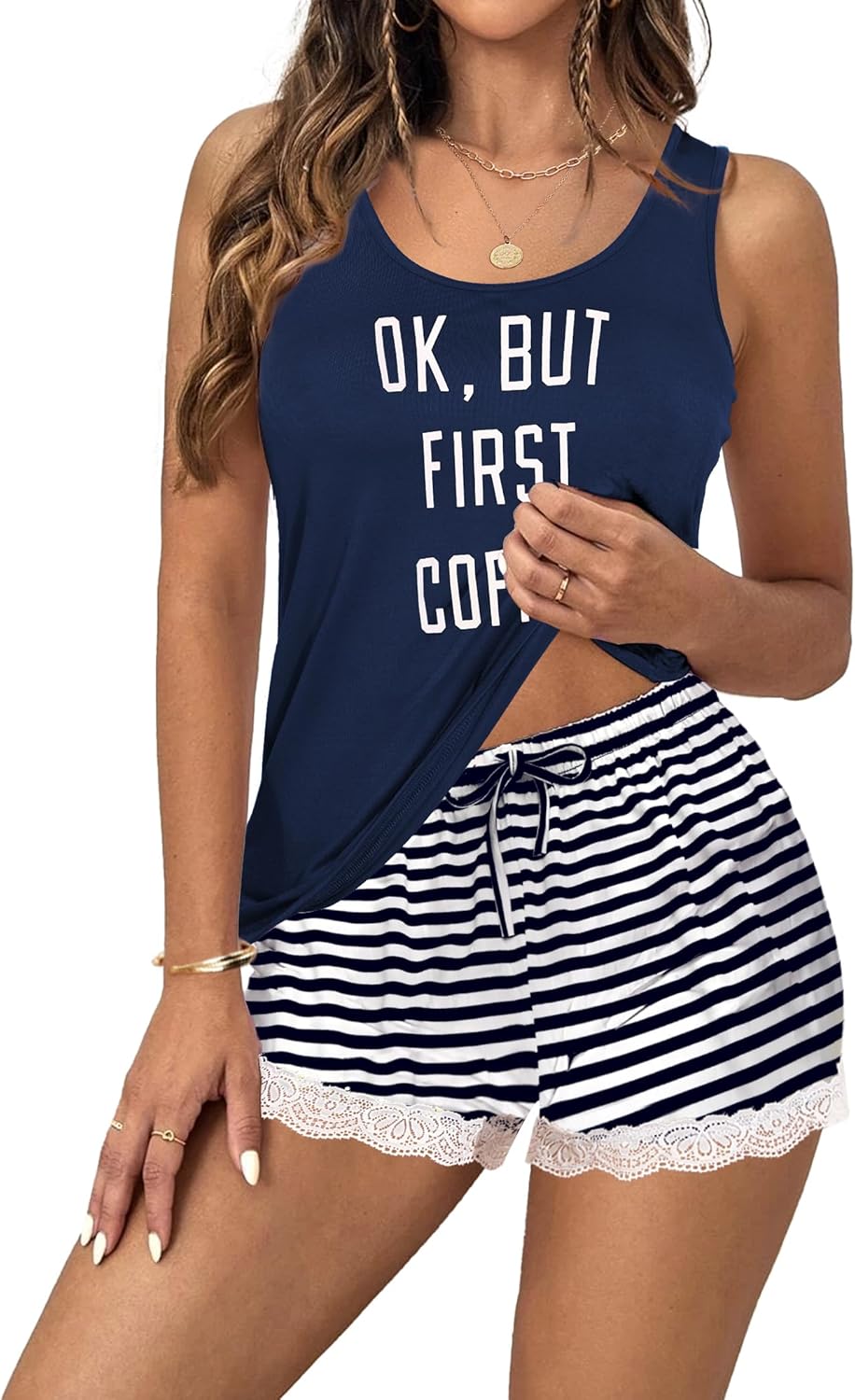 Ekouaer Womens Pajama Sets Sleeveless Tank Top and Shorts Pj Set Lace Hem Sleepwear S-XXXL - Image 3