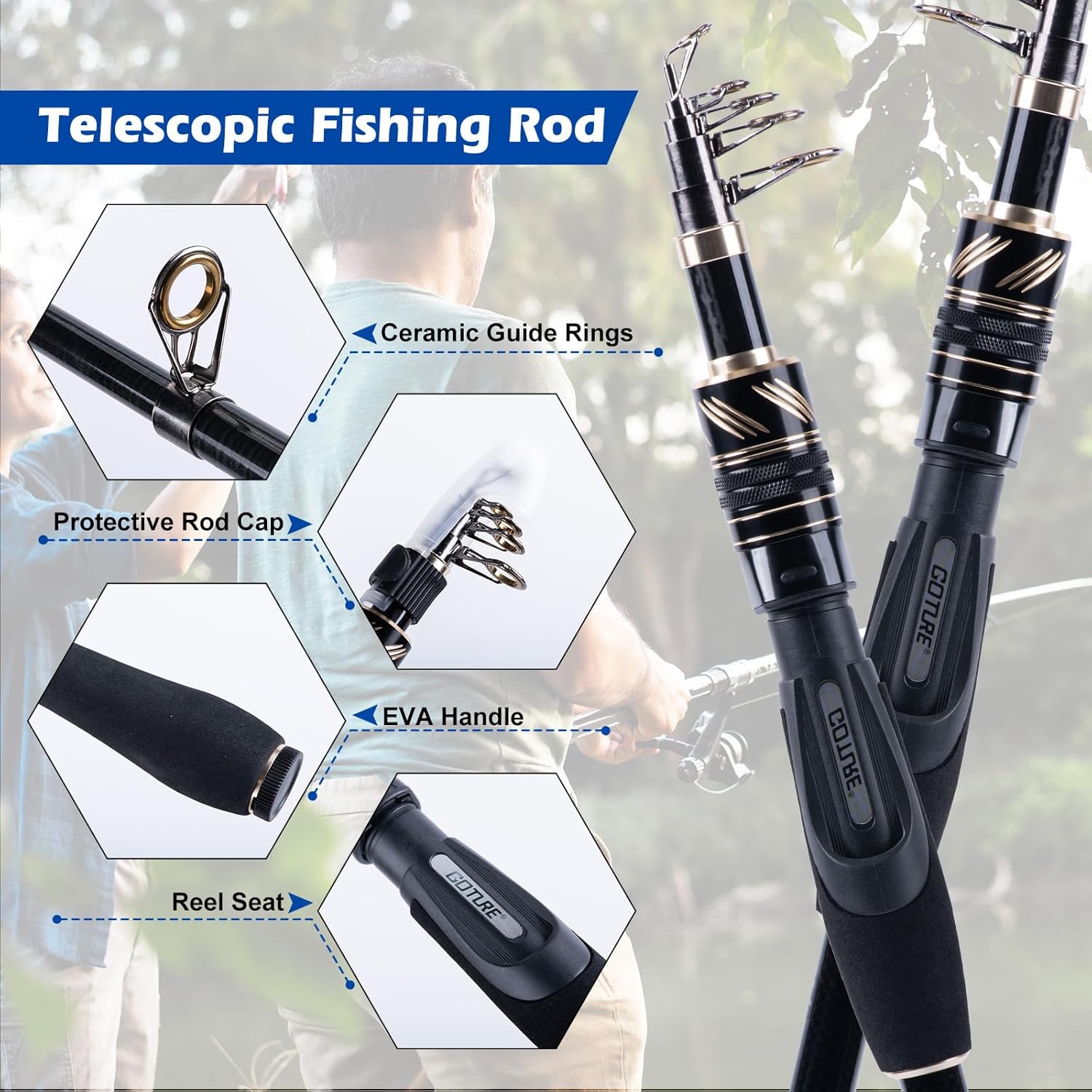 GOTURE Telescopic Fishing Rod and Reel Combos, Carbon Fiber Travel Fishing Pole, 9+1 BB Spinning Reel, Saltwater Freshwater Fishing Gear Kit with Braided Line, Lures, Carrier Bag for Bass Trout