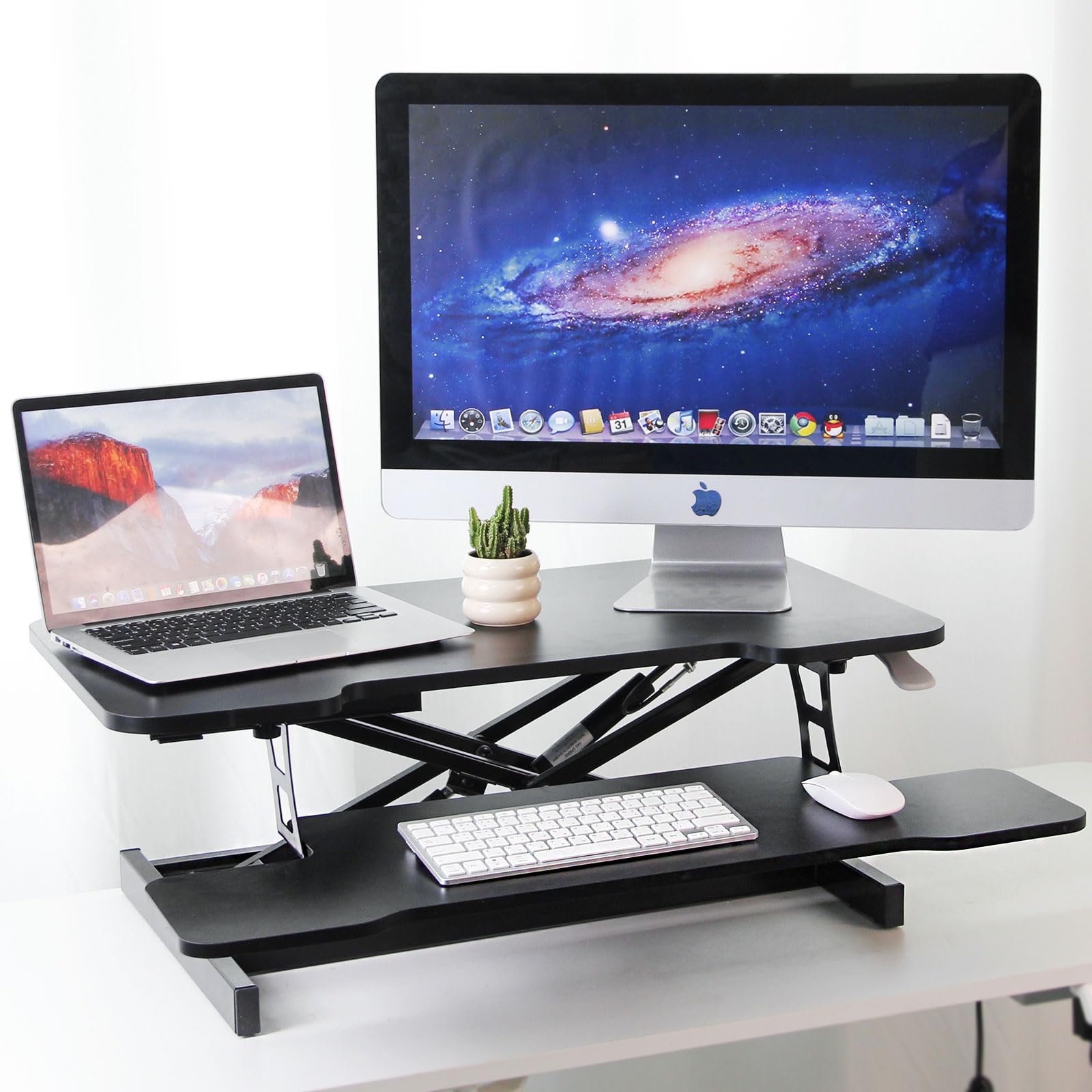 Convertisseur de bureau debout, hauteur réglable de 81,3 cm, poste de travail assis-debout, rehausseur de bureau à double écran avec plateau pour clavier, noir