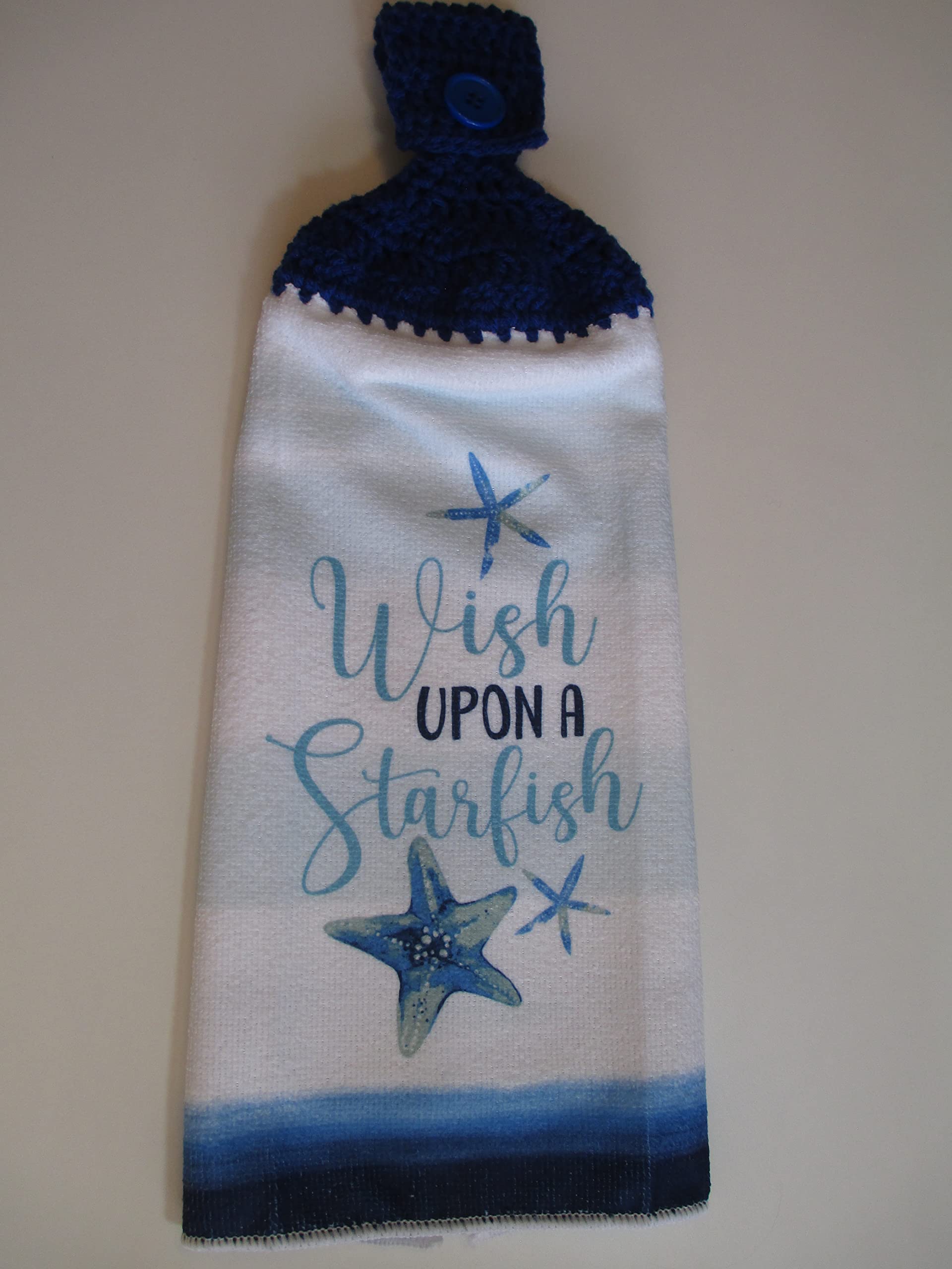 Crocheted FULL Towel Wish Upon A Starfish Kitchen Towel with Royal Blue Yarn