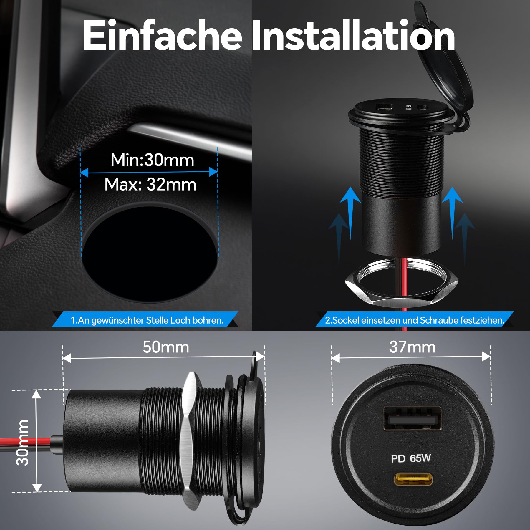acegoo 12V USB C Steckdose 65W PD & 18W QC, Wohnmobil Auto USB Dose Buchse 12 Volt KFZ Zigarettenanzünder Wasserdicht Laptop Ladegerät für Camper Auto Motorrad Boot LKW Wohnwagen, 2 Stück