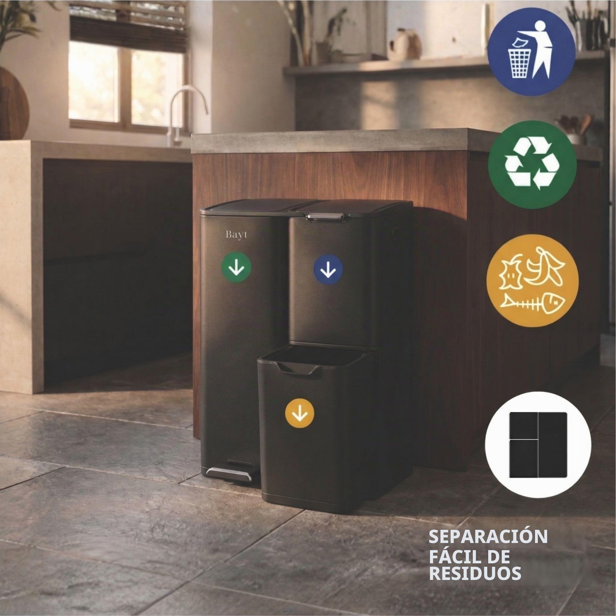 Bayt Cubo Basura - Cubo de Basura Cocina con 3 compartimentos (13+17+30L), Papelera con Separación Inteligente de Residuos, Acero Inoxidable, Total 60 Litros, Negro