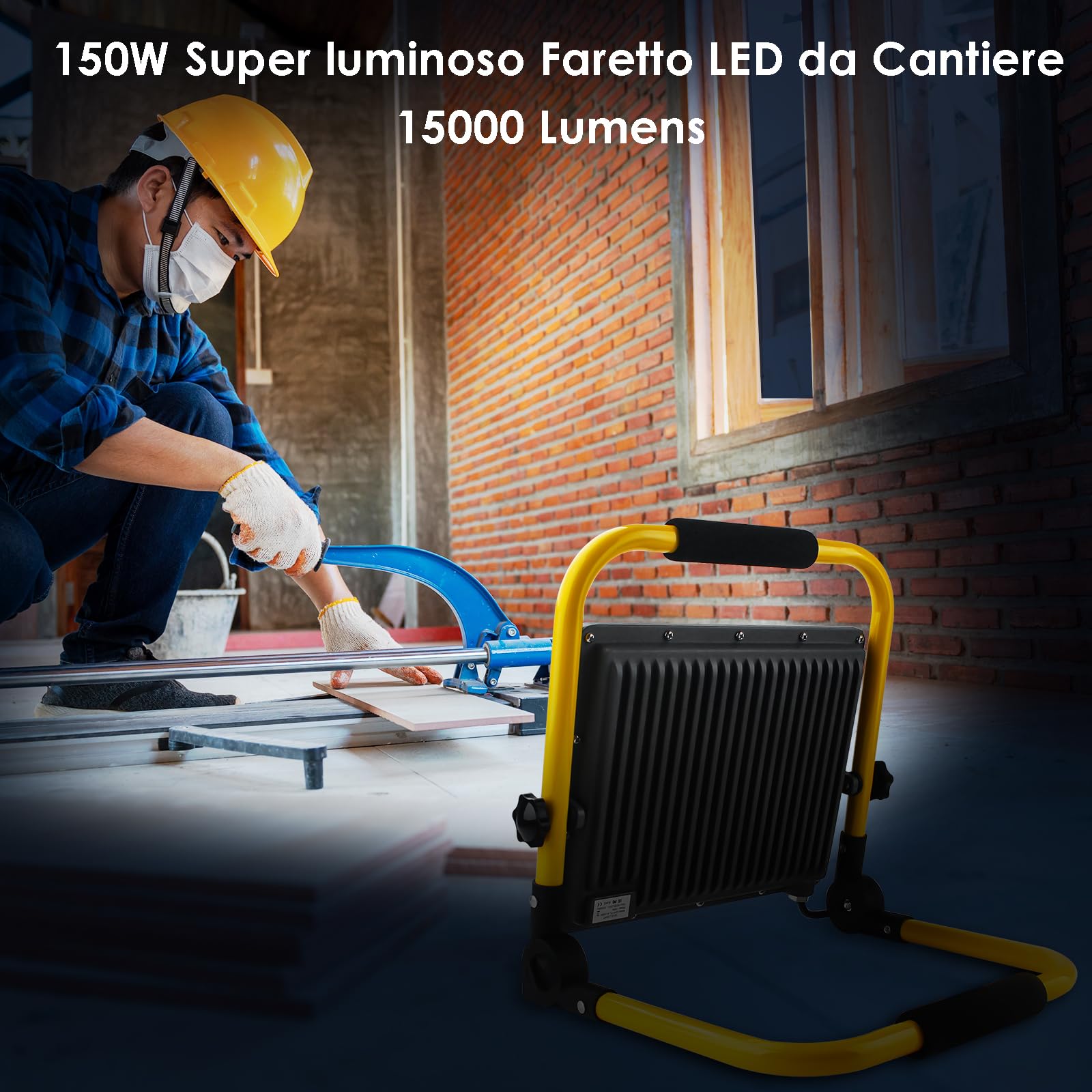 Faretto LED da Cantiere 150W, Portatile Farò LED da Cantiere con Spina Schuko e Staffa Pieghevole, Rotazione 360°,4 Metri di Filo,Luce Bianca 6500K,15000 Lumen - Ideale per Edilizia,Officina