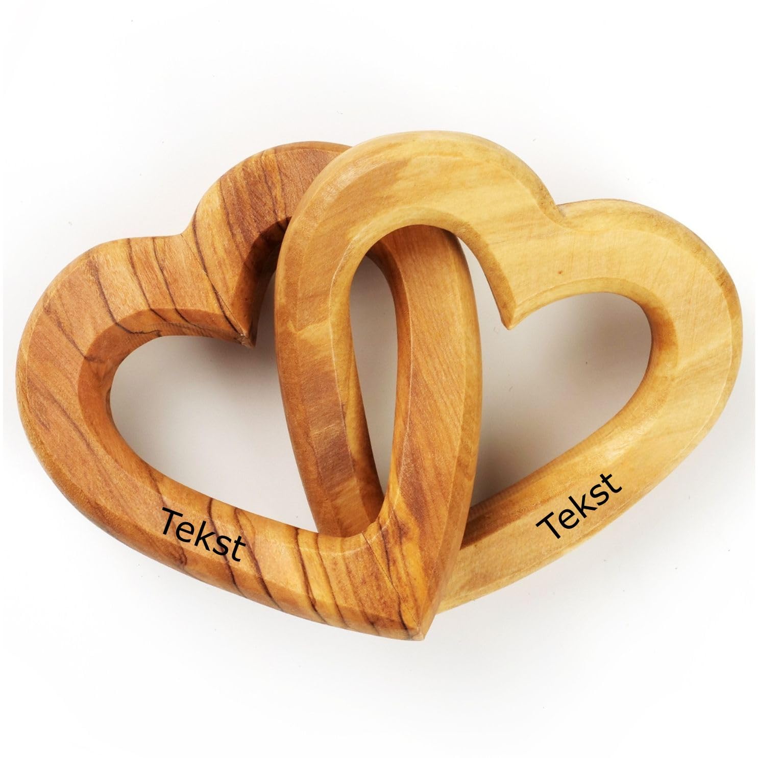KASSIS Gepersonaliseerde olijfhouten harten voor bruidspaar, Valentijnsdag, jubileum, trouwdag, verjaardag - verbonden houten harten - huwelijkscadeau - (7,50 cm