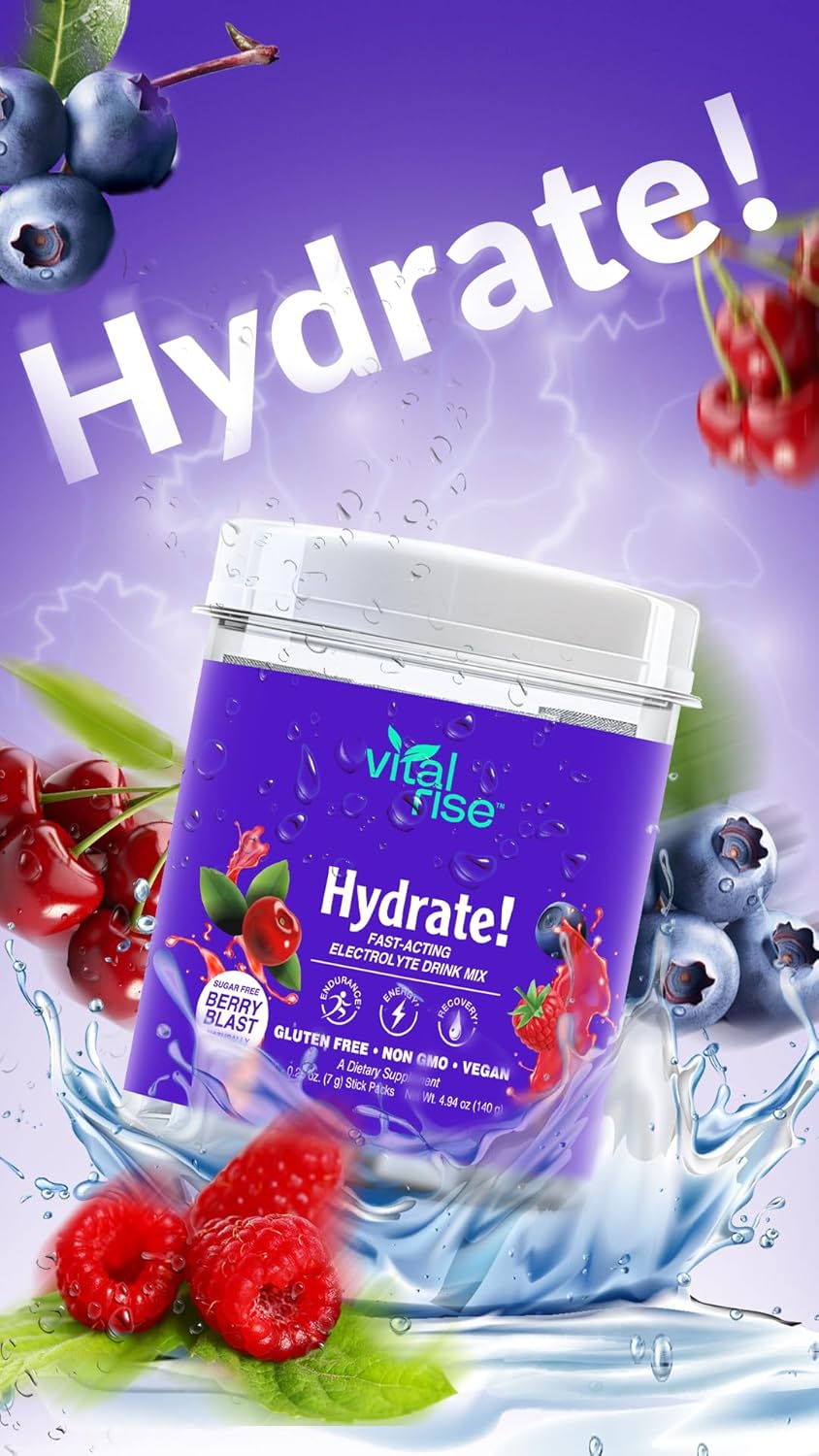 Vital Rise® Hydrate! - Berry Blast - Hydration Powder Packets | Low Sodium Electrolyte Drink Mix | Easy Open Single-Serving Stick | Non-GMO | 20 Servings (Pack of 1) - Image 6