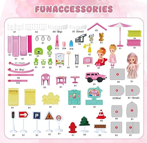 Miniatura 5 de Casa de muñecas con luces y set de juguete de coche de pista, casa de muñecas de princesa para niñas, 3 muñecas, mascotas, coche, muebles