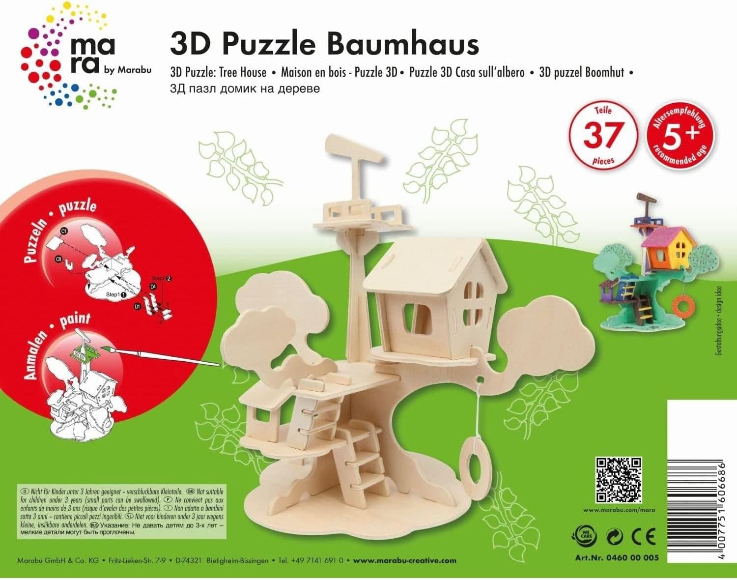 Marabu 0317000000011 Kids 3D Wooden Puzzle Tree House 37 Pieces Approx. 28 x 26 cm
