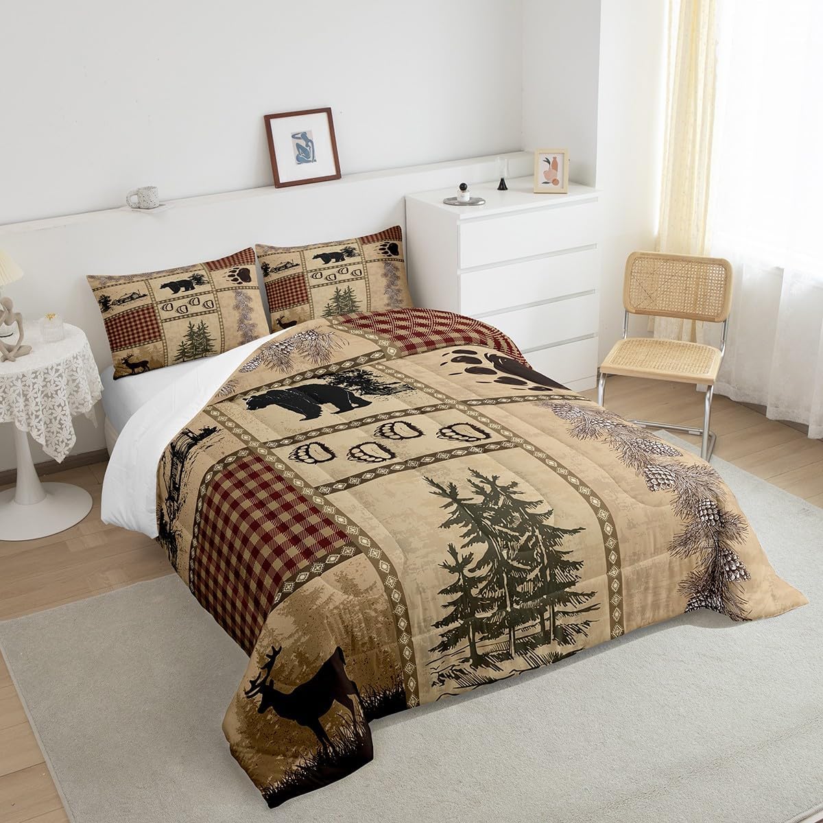 Retro Bear Print Queen Size Comforter Set,Deer Antler Pine Nut Plant Bedding Set with 2 Pillowcases,Animals Hunting Buffalo Plaid Breathable Bedding Comforters for Man Couple