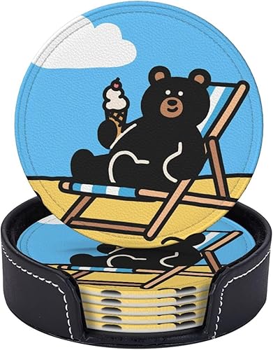 Miniatura 5 de Drink Coasters Set of 6, Black Bear Printed PU Leather Round Coaster with Holder for Outdoor, Office, Bar, Funny Heat-Resistant Home Desk Decor