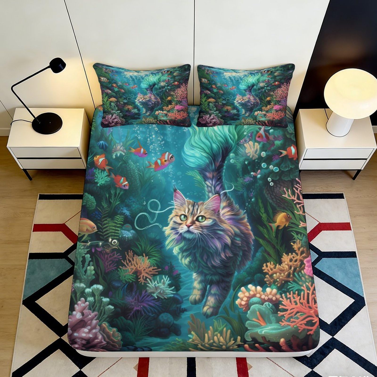 Jqzkxnhpbr Style-3 3D Printed Fantasy Forest Cat Fitted Sheet Microfiber Soft Artistic Underwater Garden Mattress Cover Decor 90X200x25cm