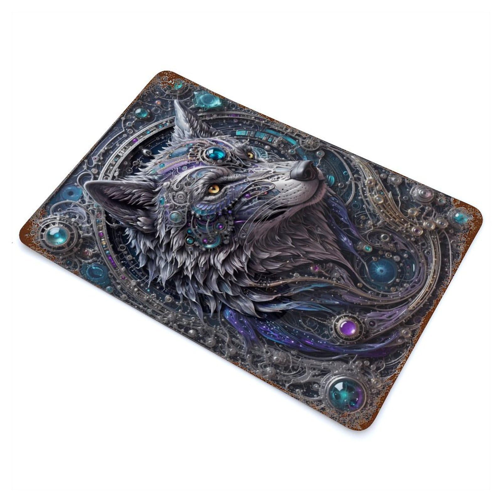 Futuristic Steampunk Wolf 11.8"x7.9" Rusty Metal Tin Sign, Farmhouse Wall Decor for Office, Studio And Wall Decor