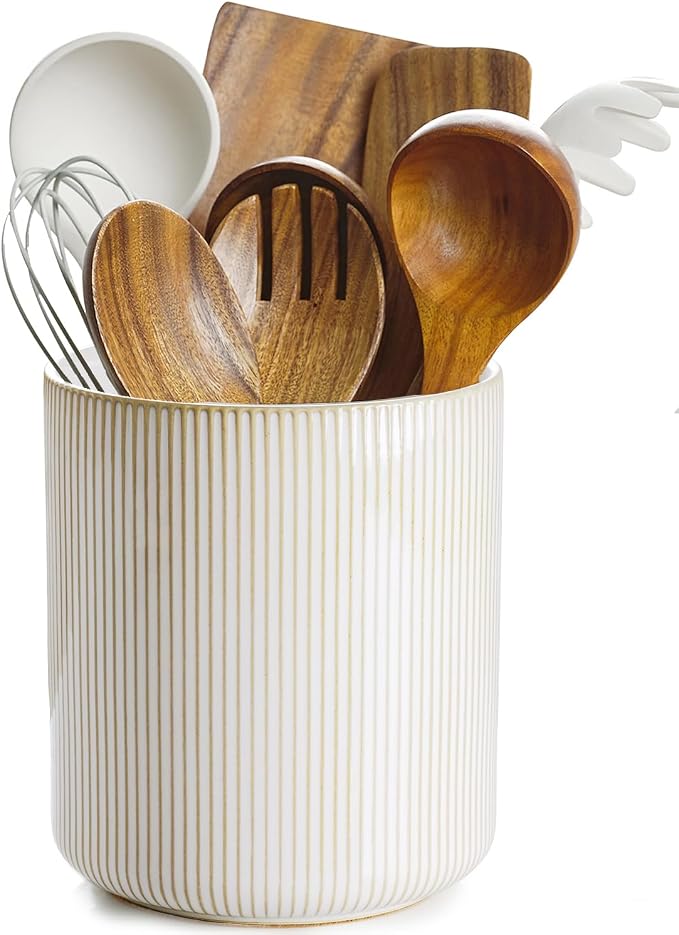 getstar Utensil Holder, Large Kitchen Utensil Holder for Kitchen Counter (H7.2” x W6.2”), Ceramic Cooking Utensil Holder with Cork Mat, Kitchen Decor for Counter (Vintage)