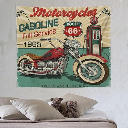 ZhiRain Tapiz retro de motocicleta para colgar en la pared, vintage, clásico, antiguo automóvil, gasolinera, decoración del hogar para sala de