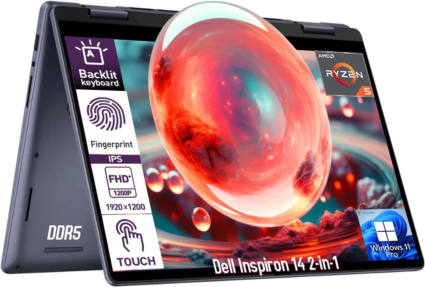 Dell Inspiron 14 2 in 1 Touchscreen Laptop Computer, 14″ FHD+ IPS Laptop Touch Screen Convertible, AMD Ryzen 5 (6-Core) | Windows 11 Pro | Backlit Keyboard | Fingerprint | 32GB DDR5 RAM 1TB SSD