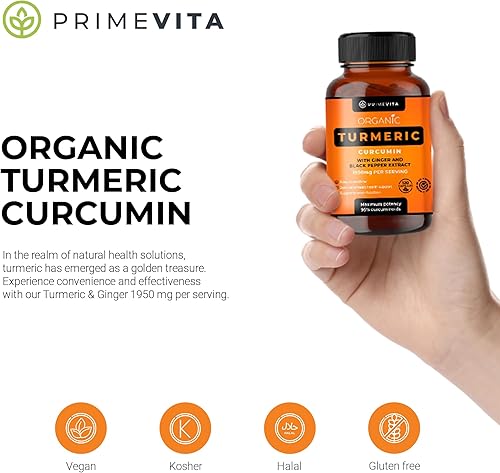 Miniatura 3 de PRIMEVITA Curcumina de cúrcuma orgánica de 1950 mg con pimienta negra, suplemento de jengibre, 95% curcuminoides estandarizados, cápsulas de