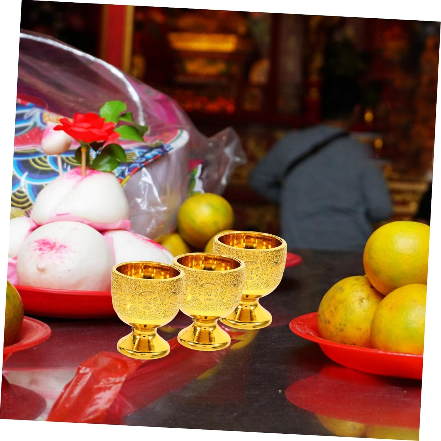 BESTYASH 6Pcs Gold Round Offering Cups Decorative Buddha Cups for Worship Multi-Function High Foot Drinkware Small Water Containers for Temple and Home Use