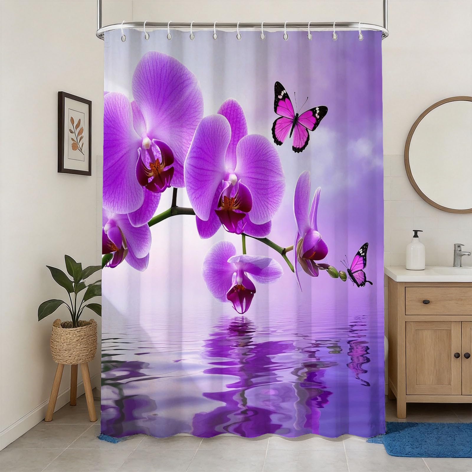 Hongduo 3D Orchid Flower Shower Curtain for Stalls Bathtubs Butterfly Bathroom Decor Shower Curtain Set Polyester Fabric Waterproof 120x180cm/48X71 Inch with Hooks