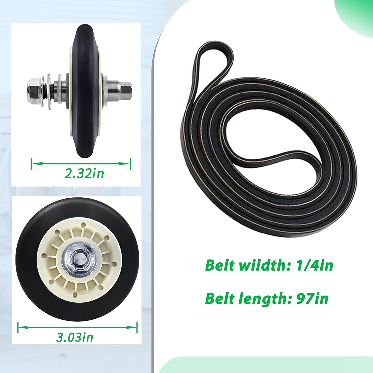 WE03X29704 Dryer Belt and WE03X10016 Roller Kit Fit for ge Dryer GFD55ESSN0WW GFD55GSSN1WW GFD65ESPN0SN GFD85ESPN0DG GFD85GSPN0RS PFD95ESPT0DS, Replace Part 4980840 AP6980594 PS12743316 EAP12743316