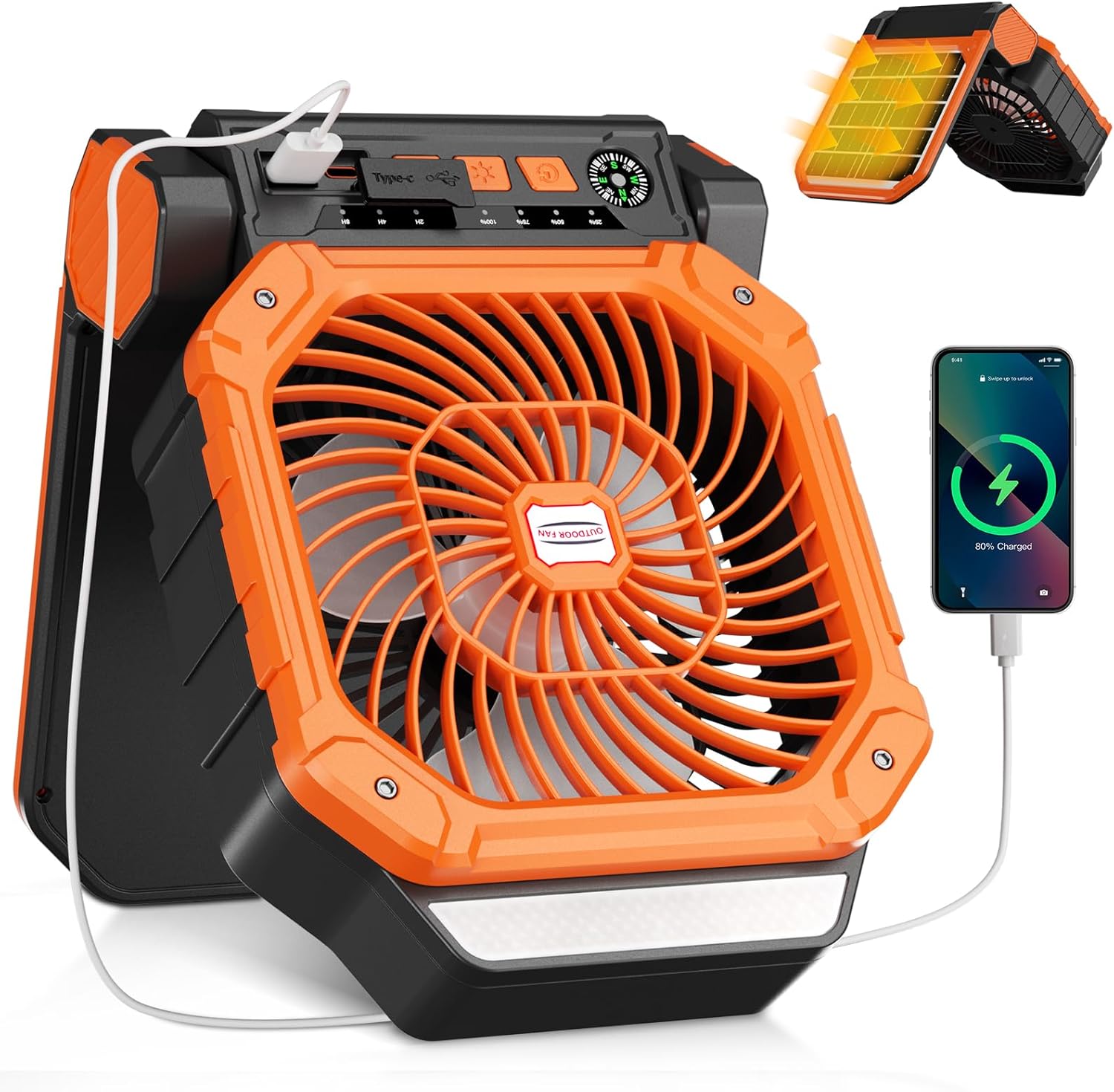 Solar Powered Fan with Solar Panel, 7800mAh Portable Rechargeable Fan, 4 Speeds, Timer, 3 Light Modes, Ultra Quiet, USB-C, for Outdoor Indoor Use, Tent, Fishing, Orange