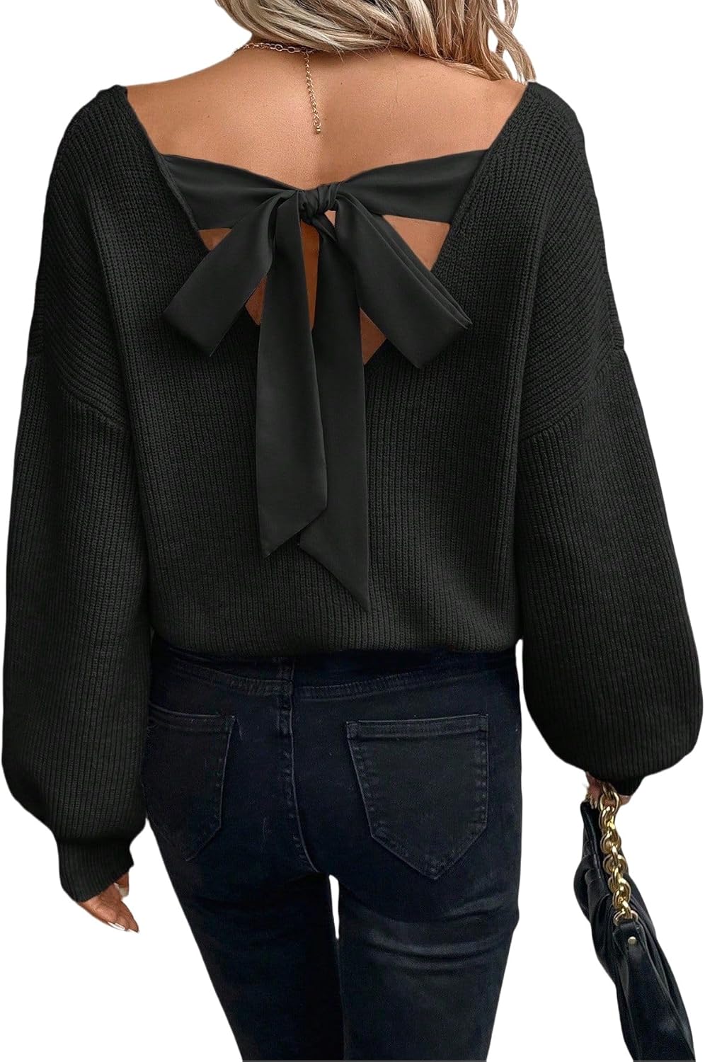 V Neck Sweaters Woman,Off The Shoulder Sweater Top,Fitted Long Sleeve Shirt Women,Tie Back Sweater,Knit Sweater