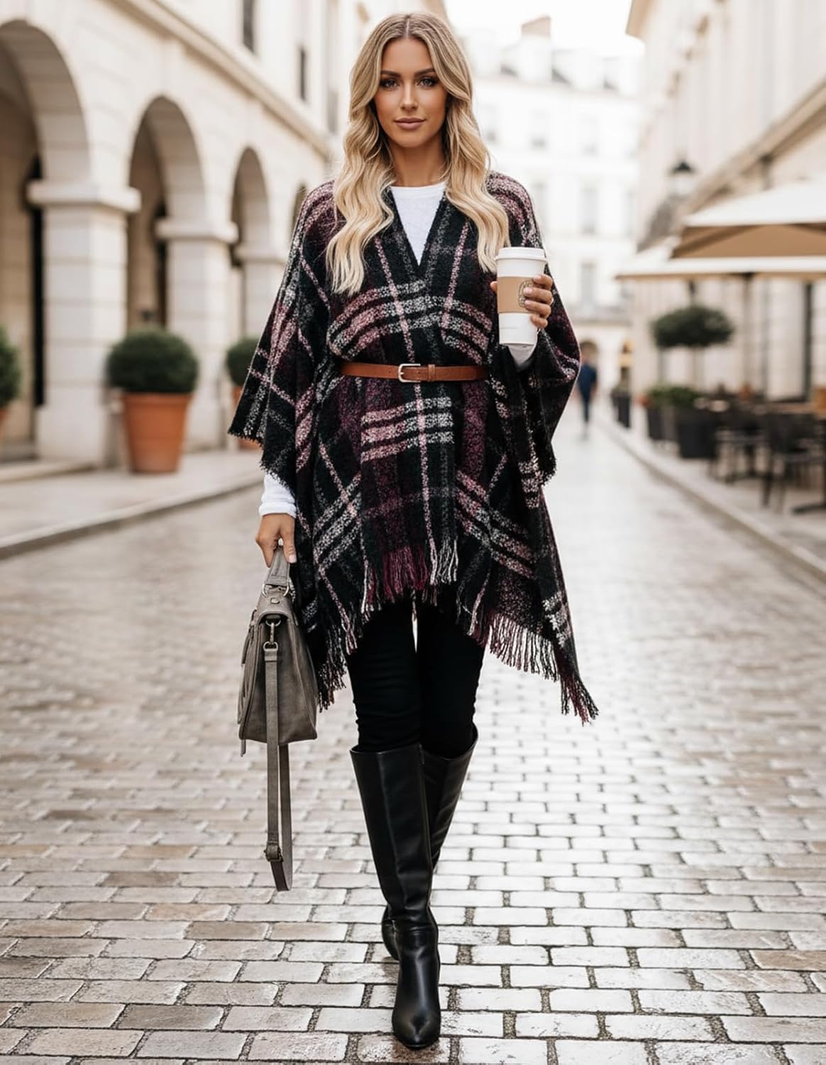 Women's Shawl Wraps Open Front Travel Poncho Cape Warm Oversized Plaid Sweaters Casual Cardigan Shawls - Image 3