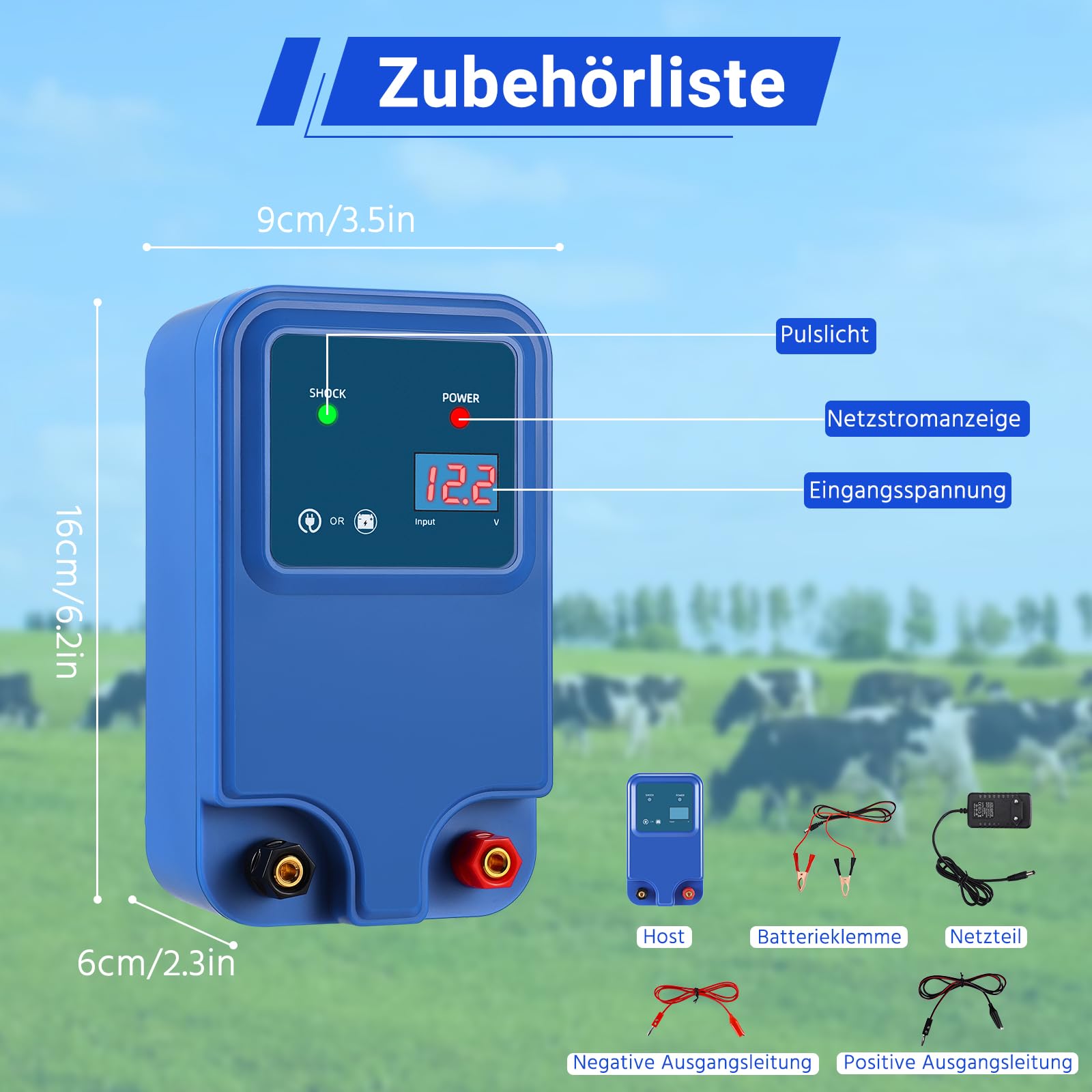 Valla eléctrica de 1,5 J, salida de 12 V, para 2 hasta 15 km, para perros, gatos, pollos, caballos, buey, oveja, cerdo, aves de corral