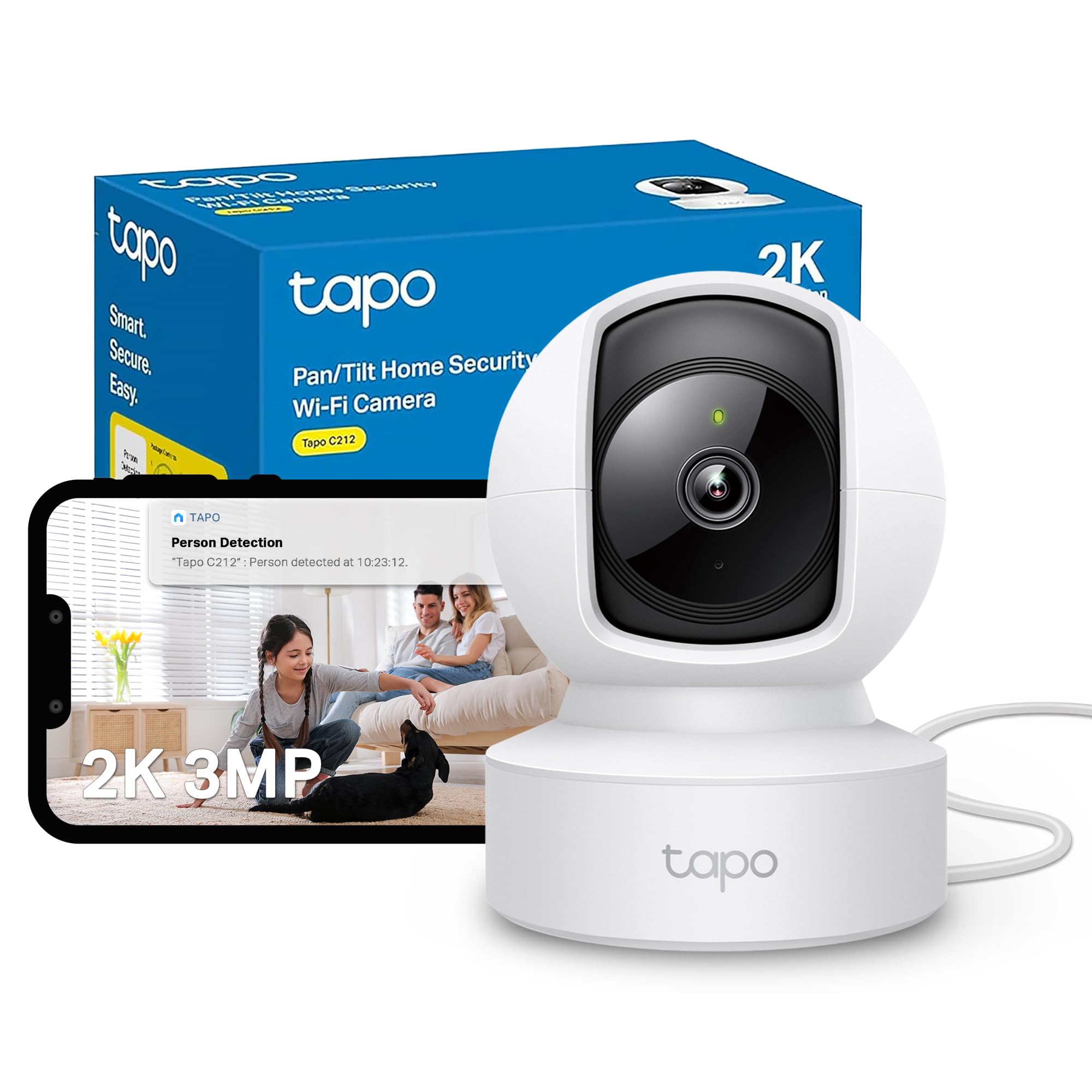 TapoC212 Pan/Tilt Indoor Camera, 2K 3MP Security Camera, No Monthly Fee, Smart Motion Person Detection, Ethernet or Wi-Fi Connection, Advanced Night Vision,Two-way Talk, Works With Alexa & GoogleClimatePartner certified