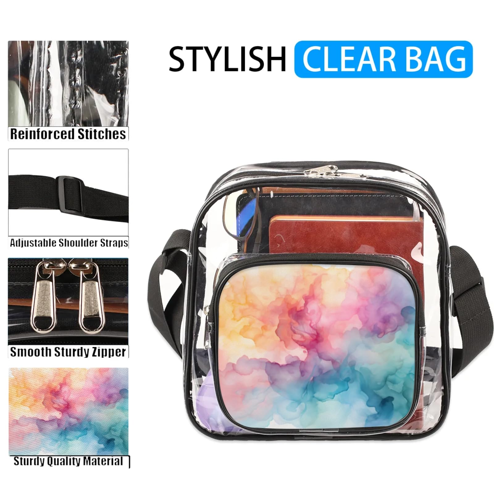 Clear Crossbody Bag Stadium Approved Gradient Color Transparent Bag for Festivals, Sports Events, Concerts,Beach Bag for Women Men Art Clear Purse with Front Pocket Messenger Bag with Adjustable Strap