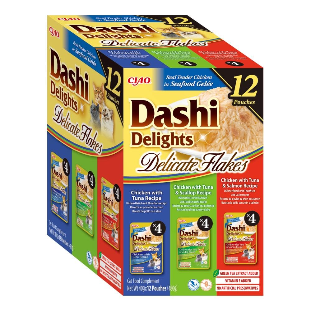 INABA Dashi Delights Delicate Flakes, Delicati Fiocchi in Brodo per Gatti in 3 Varietà di Pollo e Tonno - Snack per Gatti con Ingredienti Naturali - 12 Buste x 40 gr