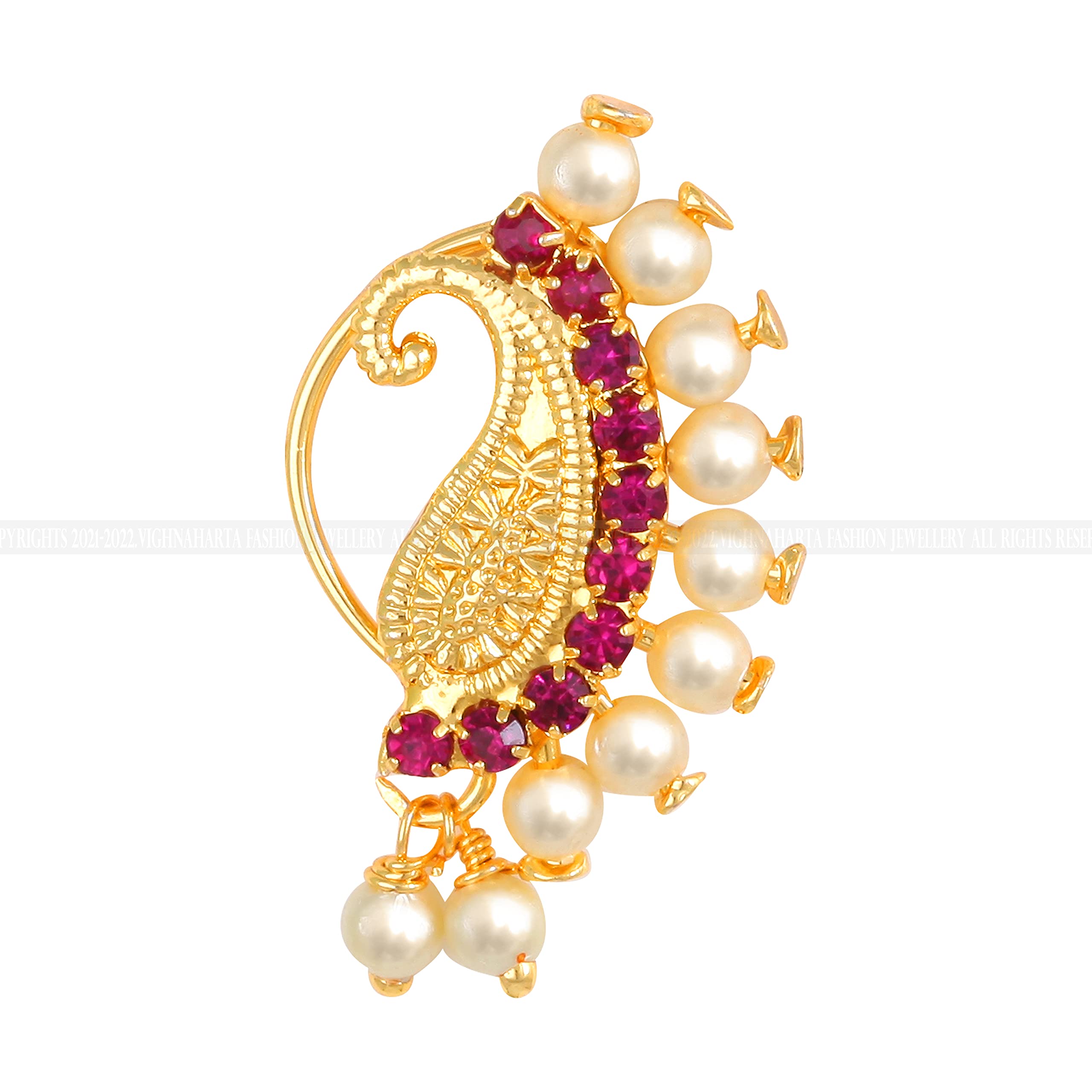 Vighnaharta Gold Plated Mayur Design with Pearls and AD stone Alloy Maharashtrian Nath Nathiya./ Nose Pin valentine day gift valentineday gift for her gift for him gift for women gift for women VFJ1015NTH-Press-image-47