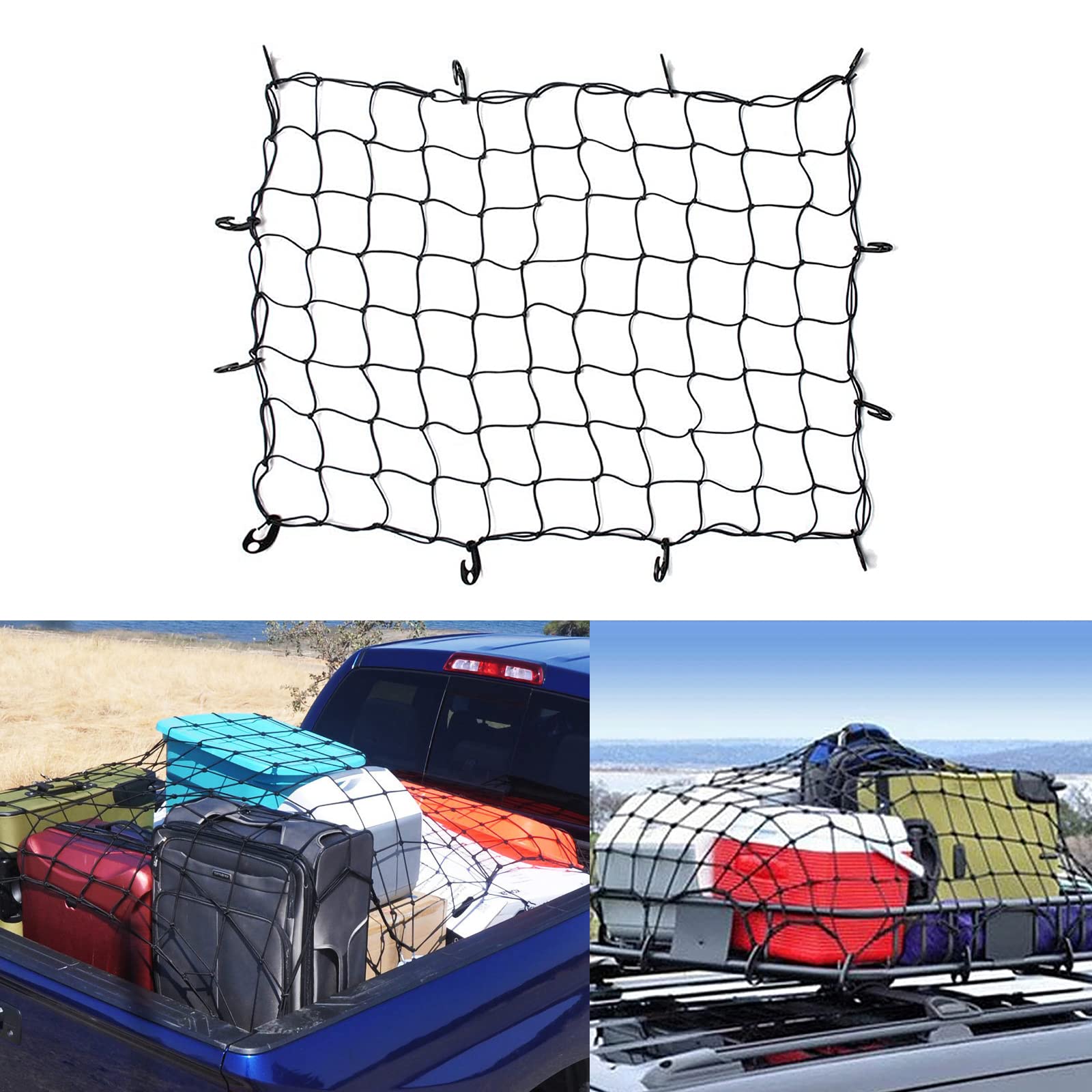 Siatka bagażowa SUV z 12 hakami ABS, elastyczna siatka 90 x 120 cm, rozciągnięta do 225 x 300 cm, uniwersalna siatka na dach o dużej pojemności, do bagażnika, bagażnika, elastyczności, bagażnika dachowego