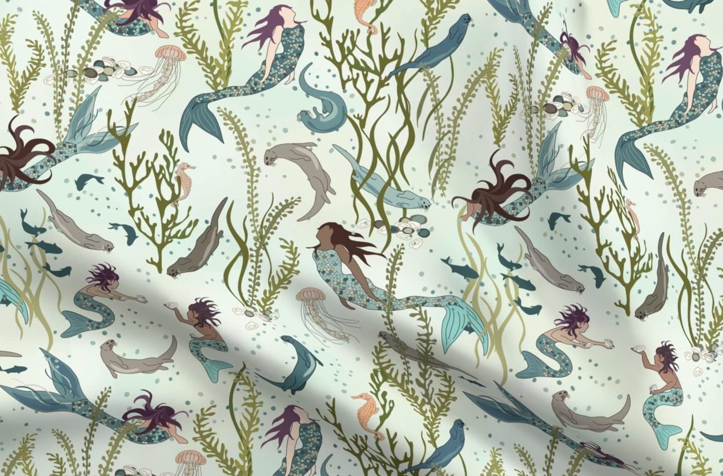 Spoonflower Fabric - Mermaids Otters Otter World Sea Undersea Fern Shower Turquoise Ocean Printed on Upholstery Velvet Fabric Fat Quarter - Upholstery Home Decor Bottomweight Apparel