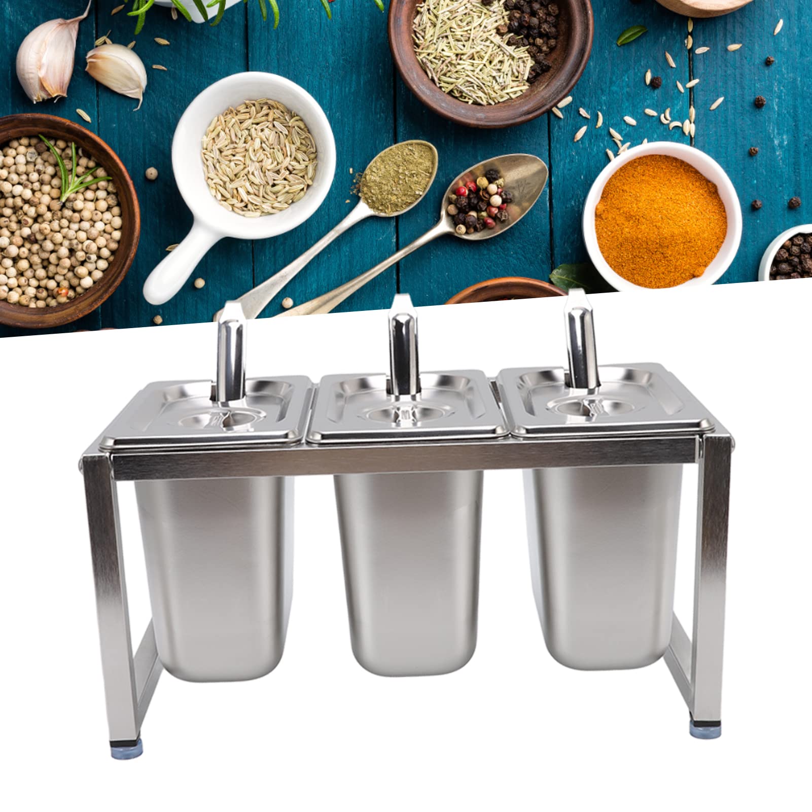 Qcwwy Soporte Organizador de Condimentos de Acero Inoxidable, Soporte para Recipientes de s de Mostrador de Restaurante, Estante de Almacenamiento de Condimentos con Tapas y (Caja de 3 uds.)